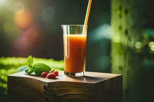 een glas van oranje sap met een rietje Aan een houten tafel. ai-gegenereerd foto