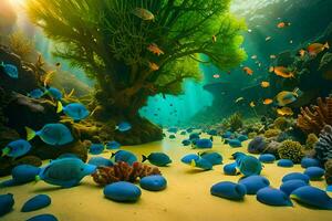 onderwater- tafereel met blauw vis en koraal. ai-gegenereerd foto