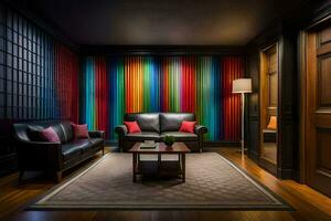een kamer met een bank, een koffie tafel en een muur met een kleurrijk gestreept muur. ai-gegenereerd foto
