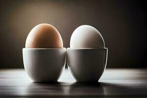 twee eieren in wit cups Aan een tafel. ai-gegenereerd foto