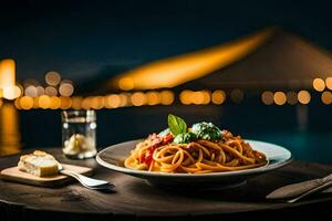 een bord van spaghetti met een glas van wijn en een plak van brood. ai-gegenereerd foto