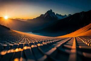 de zon sets over- een berg reeks met een ski helling. ai-gegenereerd foto