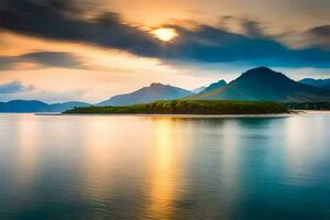 een mooi zonsondergang over- een meer en bergen. ai-gegenereerd foto