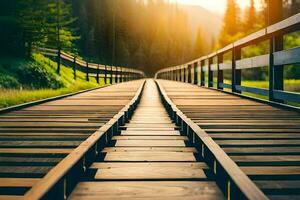 een houten brug in de midden- van een veld. ai-gegenereerd foto