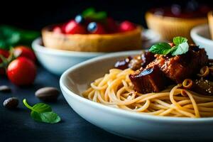 spaghetti met vlees en groenten in een schaal. ai-gegenereerd foto