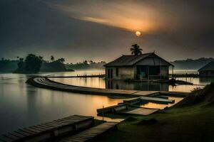 een huis Aan de water met een zon instelling achter het. ai-gegenereerd foto