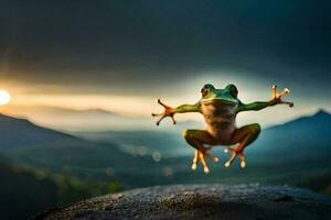 een kikker jumping Aan een rots in voorkant van een zonsondergang. ai-gegenereerd foto