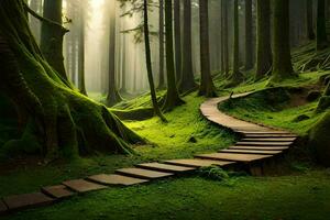 een pad door de Woud met bomen en mos. ai-gegenereerd foto