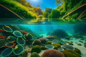 een tropisch onderwater- tafereel met koraal en vis. ai-gegenereerd foto