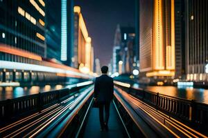 een Mens wandelen naar beneden een stad straat Bij nacht. ai-gegenereerd foto