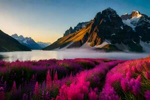 een mooi berg landschap met Purper bloemen en bergen. ai-gegenereerd foto