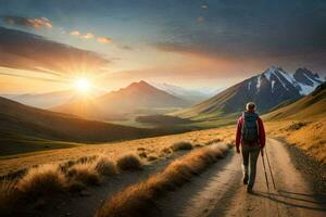 een persoon wandelen Aan een aarde weg in de bergen. ai-gegenereerd foto