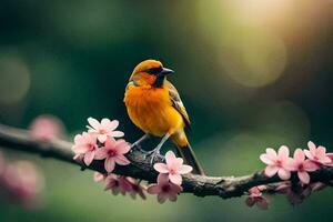 een vogel zit Aan een Afdeling met roze bloemen. ai-gegenereerd foto