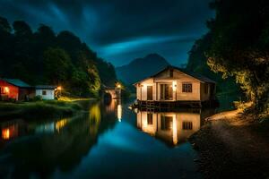 foto behang de lucht, water, huis, nacht, de bergen, de rivier, de huis. ai-gegenereerd