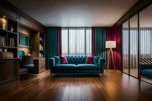 een modern leven kamer met een blauw bankstel en houten vloeren. ai-gegenereerd foto