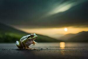 een kikker zittend Aan de grond in voorkant van een zonsondergang. ai-gegenereerd foto