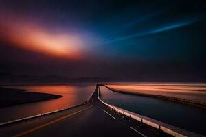 een lang weg met een brug over- water Bij zonsondergang. ai-gegenereerd foto