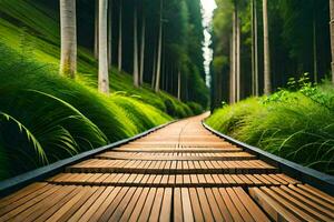 een houten pad in de midden- van een groen Woud. ai-gegenereerd foto