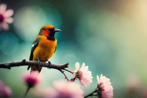 een kleurrijk vogel zit Aan een Afdeling met roze bloemen. ai-gegenereerd foto