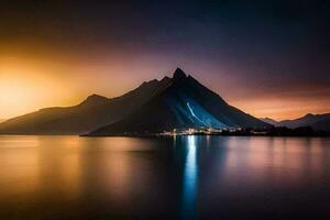 een berg in de midden- van een meer Bij nacht. ai-gegenereerd foto