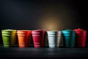 een rij van kleurrijk cups Aan een zwart achtergrond. ai-gegenereerd foto