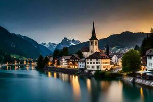 foto behang de lucht, bergen, water, dorp, kerk, kerk, kerk, kerk,. ai-gegenereerd