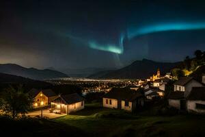 de Aurora vervelen lichten omhoog de lucht bovenstaand een dorp. ai-gegenereerd foto