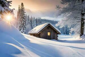 een cabine in de sneeuw met de zon schijnt. ai-gegenereerd foto