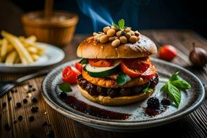 een Hamburger met groenten en saus Aan het. ai-gegenereerd foto