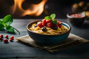 pasta met tomaten en basilicum Aan een houten tafel. ai-gegenereerd foto