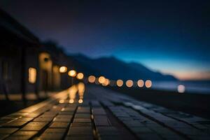 een lang wandelen langs de strand Bij nacht. ai-gegenereerd foto