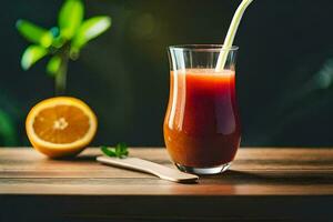 een glas van sap met een rietje en een oranje. ai-gegenereerd foto