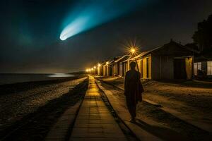 een Mens wandelen naar beneden een pad Bij nacht met een helder licht schijnend bovenstaand hem. ai-gegenereerd foto