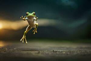 een kikker jumping in de lucht. ai-gegenereerd foto