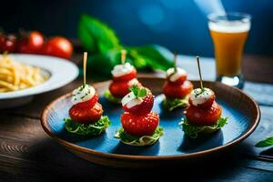 klein voorgerechten met tomaten en kaas Aan een bord. ai-gegenereerd foto