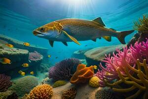 een vis zwemmen over- een koraal rif met kleurrijk vis. ai-gegenereerd foto