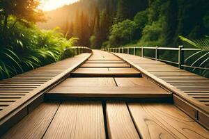 een houten brug in de midden- van een Woud. ai-gegenereerd foto