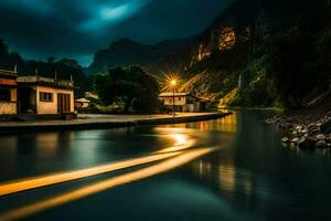 een rivier- Bij nacht met een huis en een boot. ai-gegenereerd foto