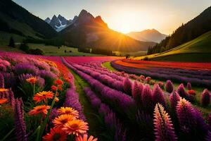 de zon stijgt over- een veld- van bloemen in de bergen. ai-gegenereerd foto