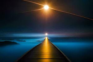 een lang houten pier met de zon schijnend over- het. ai-gegenereerd foto