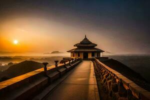 de zon stijgt over- een pagode in de bergen. ai-gegenereerd foto