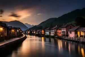 foto behang de lucht, water, bergen, rivier, huizen, de nacht, de rivier,. ai-gegenereerd