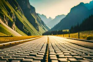 een weg met een steen pad in voorkant van bergen. ai-gegenereerd foto