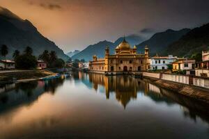 de gouden moskee in de midden- van een rivier. ai-gegenereerd foto