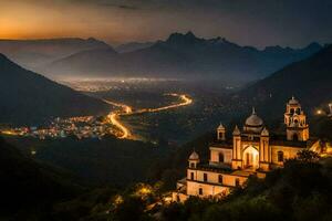 een kerk in de bergen Bij nacht. ai-gegenereerd foto