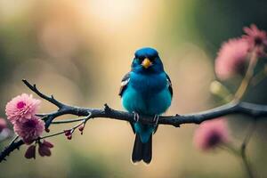 een blauw vogel zit Aan een Afdeling met roze bloemen. ai-gegenereerd foto