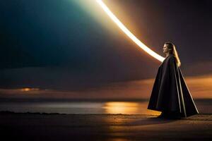 een vrouw in een mantel staat Aan de strand Bij nacht. ai-gegenereerd foto