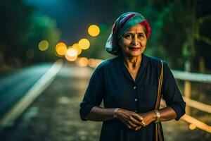 een ouder vrouw staand Aan de weg Bij nacht. ai-gegenereerd foto