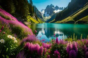 de bloemen zijn bloeiend in de bergen en de meer is reflecterend de zon. ai-gegenereerd foto