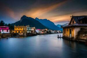 foto behang de lucht, bergen, meer, huis, zonsondergang, de stad, de meer,. ai-gegenereerd